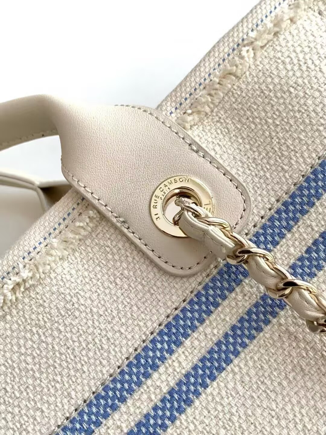 Ch*el shopping bag cotton canvas & gold-tone metal 34x27x16cm