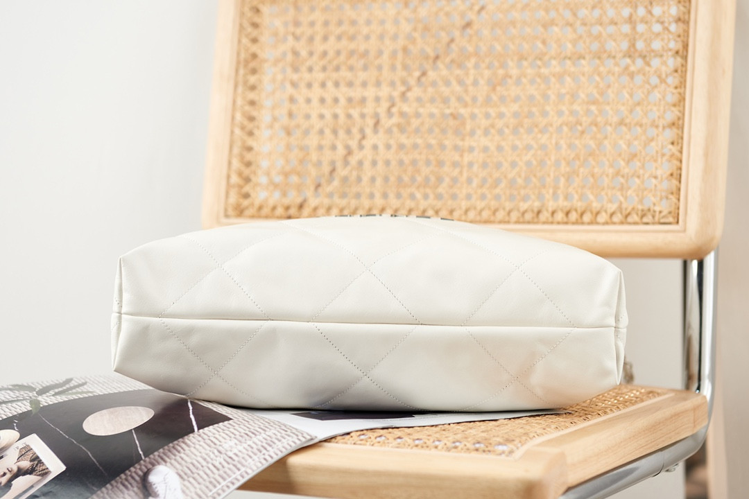 Ch*el 22 handbag metallic shaded calfskin & silver-tone metal white 15.2×16.4×3.1 in