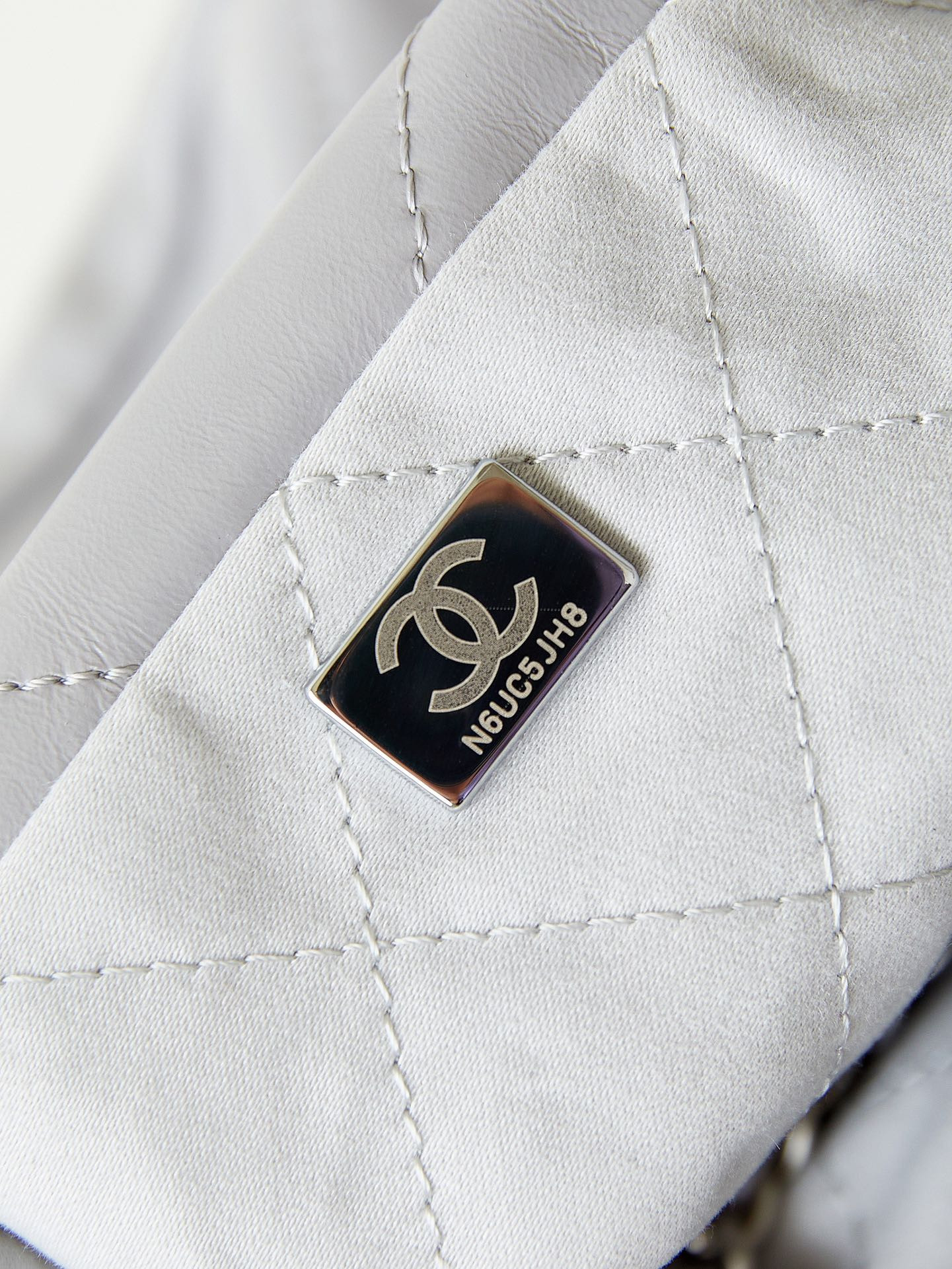 Ch*el 22 mini handbag shiny calfskin grey 7.8 × 7.4 × 2.3 in