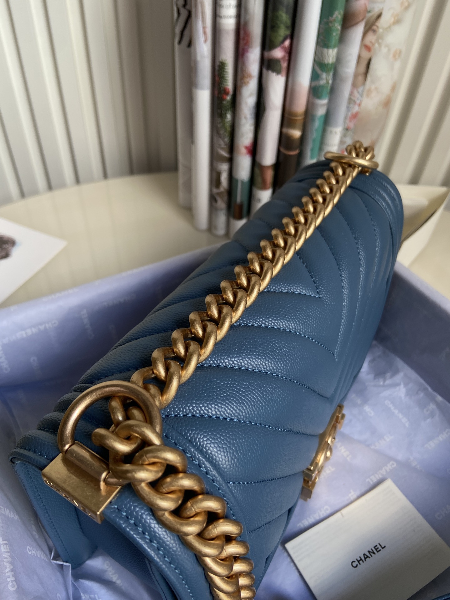 boy Ch*el handbag shiny grained calfskin & gold-tone metal blue 5.9 × 9.8 × 3.5 in