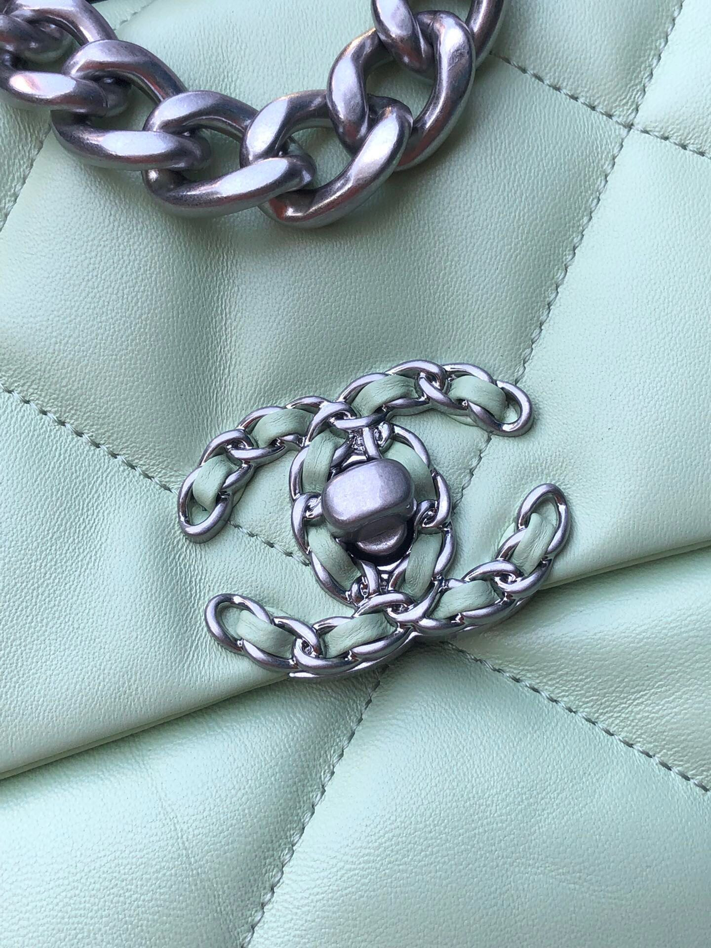 Ch*el 19 handbag shiny leather, gold-tone, silver-tone & ruthenium-finish metal green 6.2 × 10.1 × 3.5 in