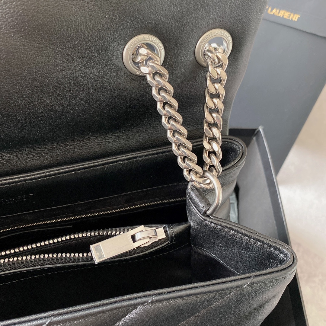 Y*L loulou medium in quilted leather black silver 12.5 x 8.6 x 3.5 inches