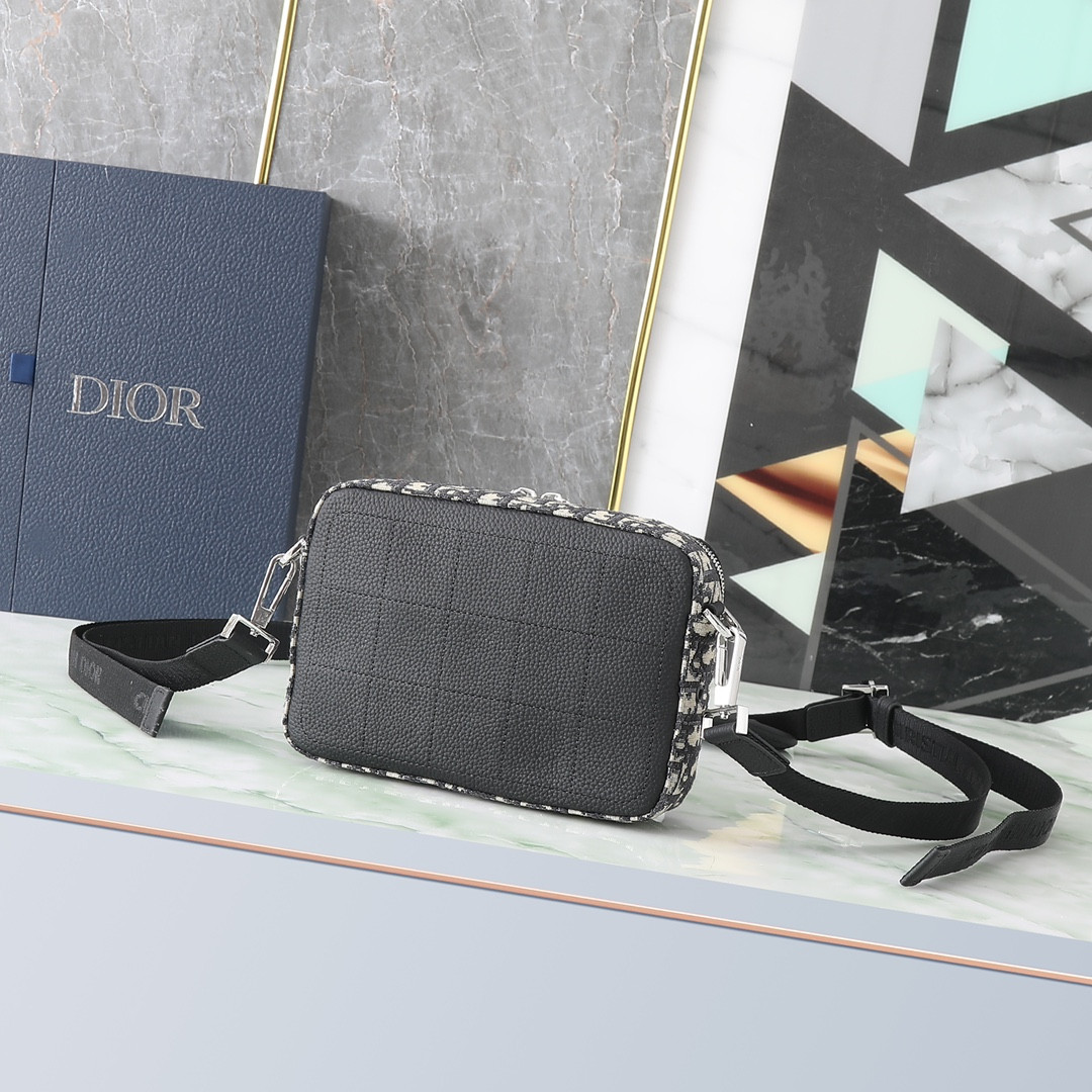 D*or safari bag with strap  beige and black D*or oblique jacquard 8.5 x 6 x 2.5 inches