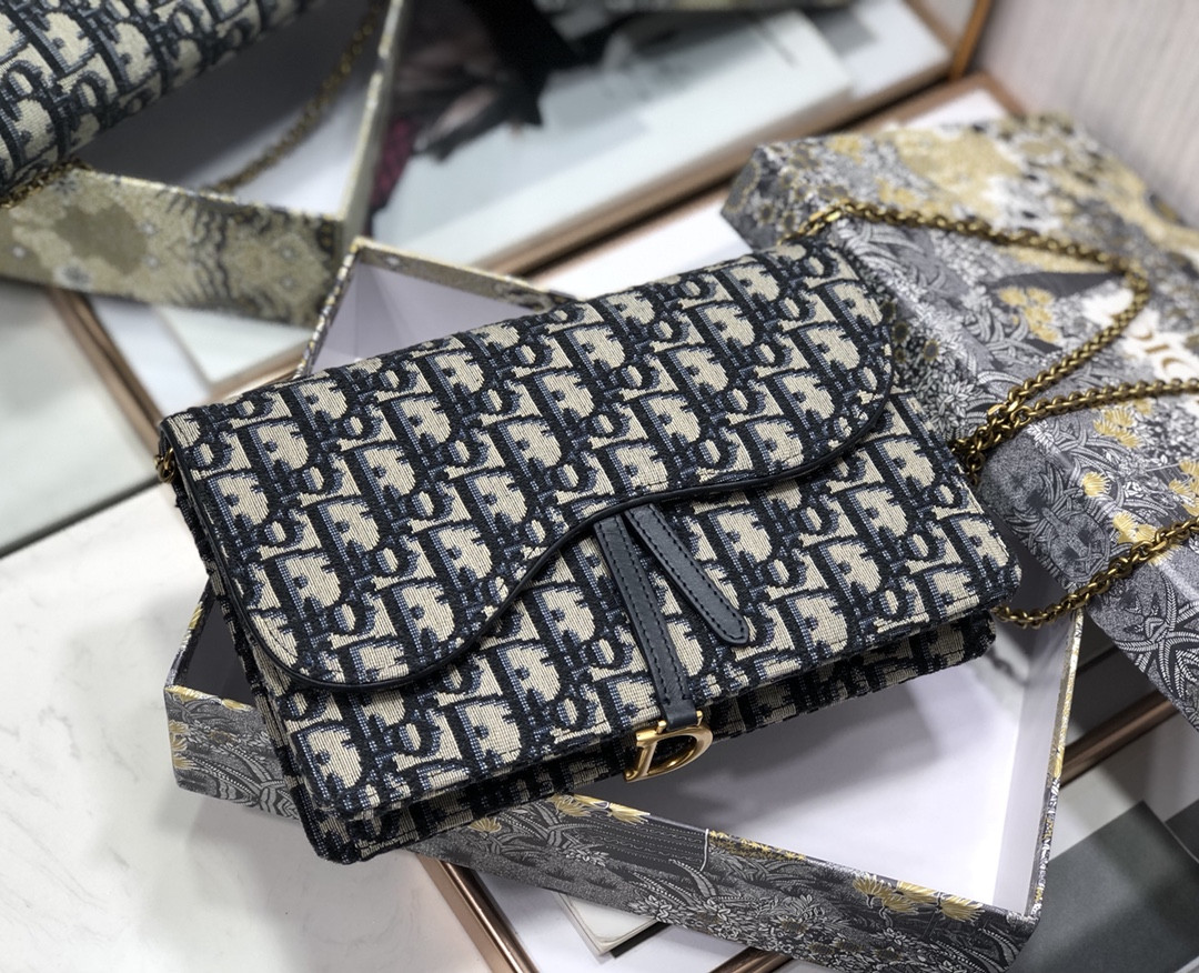 D*or saddle pouch  blue D*or oblique jacquard 8.5 x 5.5 x 1.5 inches