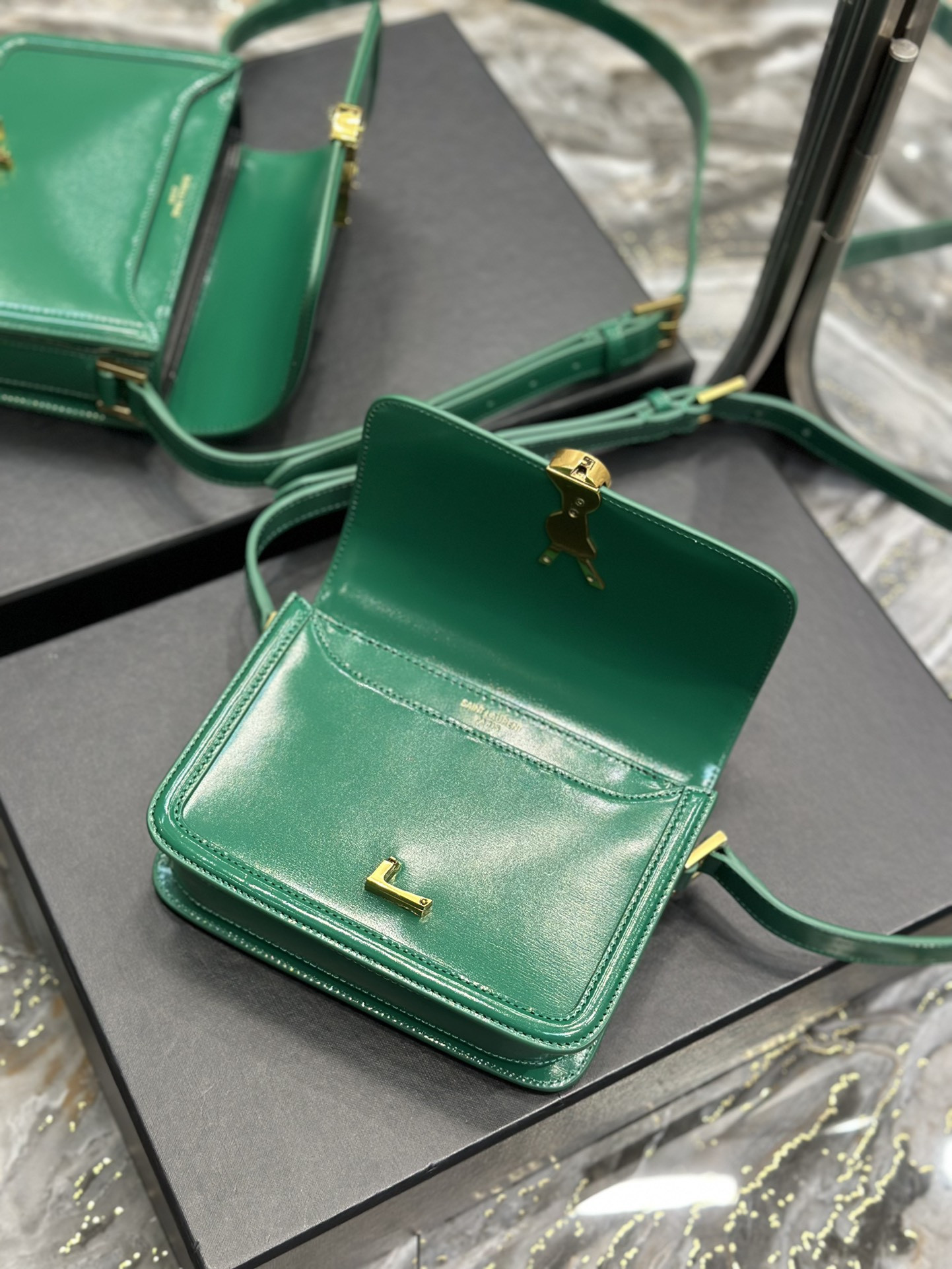 y*l solferino small satchel in box Sa**t Lau*nt green 7.4 x 5.1 x 1.9 inches